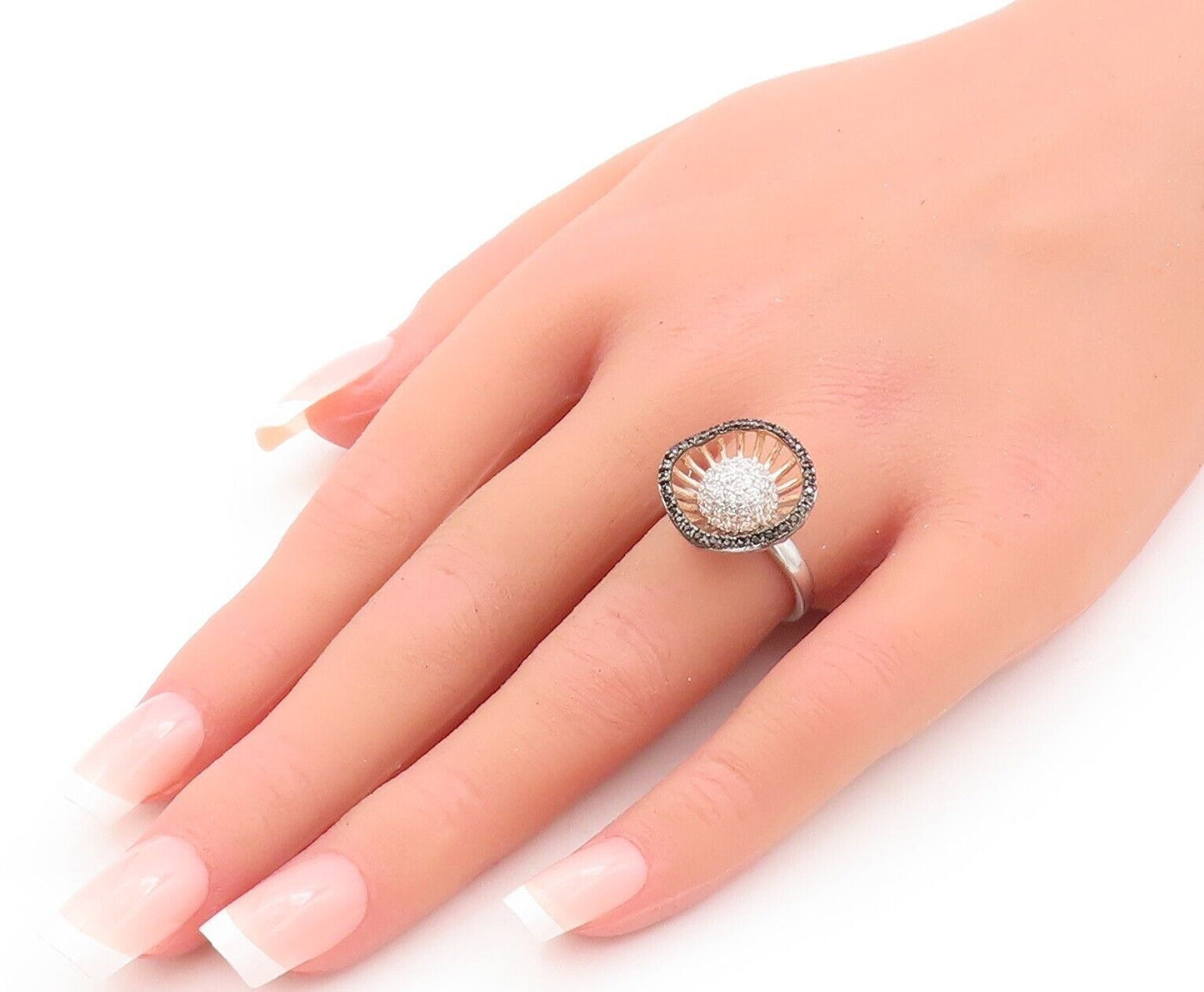 925 Sterling Silver Vintage Ring Onyx & CZ Beaded Designer Flower  Sz 6  RG28529