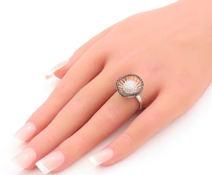 925 Sterling Silver Vintage Ring Onyx & CZ Beaded Designer Flower  Sz 6  RG28529