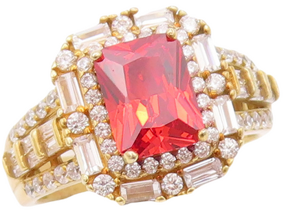 925 Sterling Silver Vintage Ring Gold Plated Red & White CZ  Sz 7  RG29474