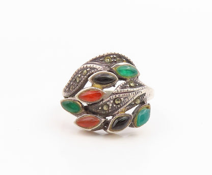 925 Sterling Silver Vintage Ring Multi Gemstone Leaf Bypass Band  Sz 7  RG35360