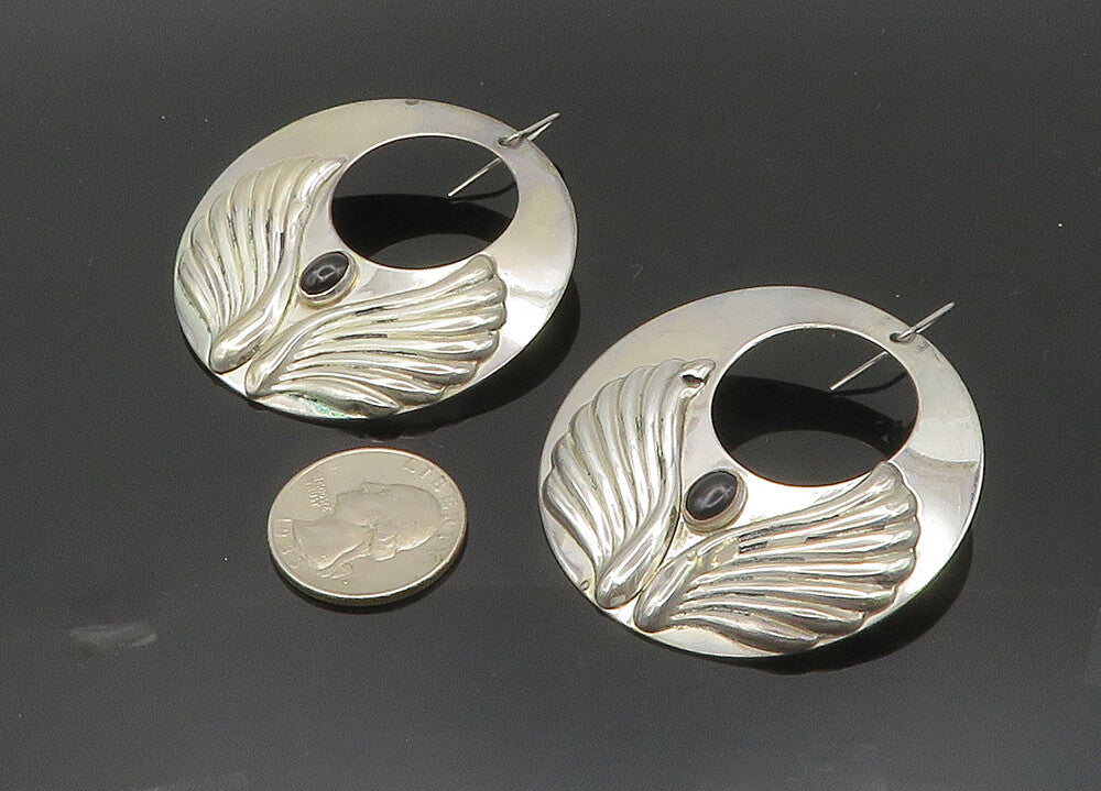 925 Silver  Vintage Black Onyx Angel Wings Round Heavy Drop Earrings  EG10008
