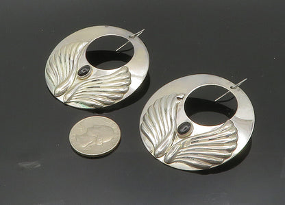 925 Silver  Vintage Black Onyx Angel Wings Round Heavy Drop Earrings  EG10008