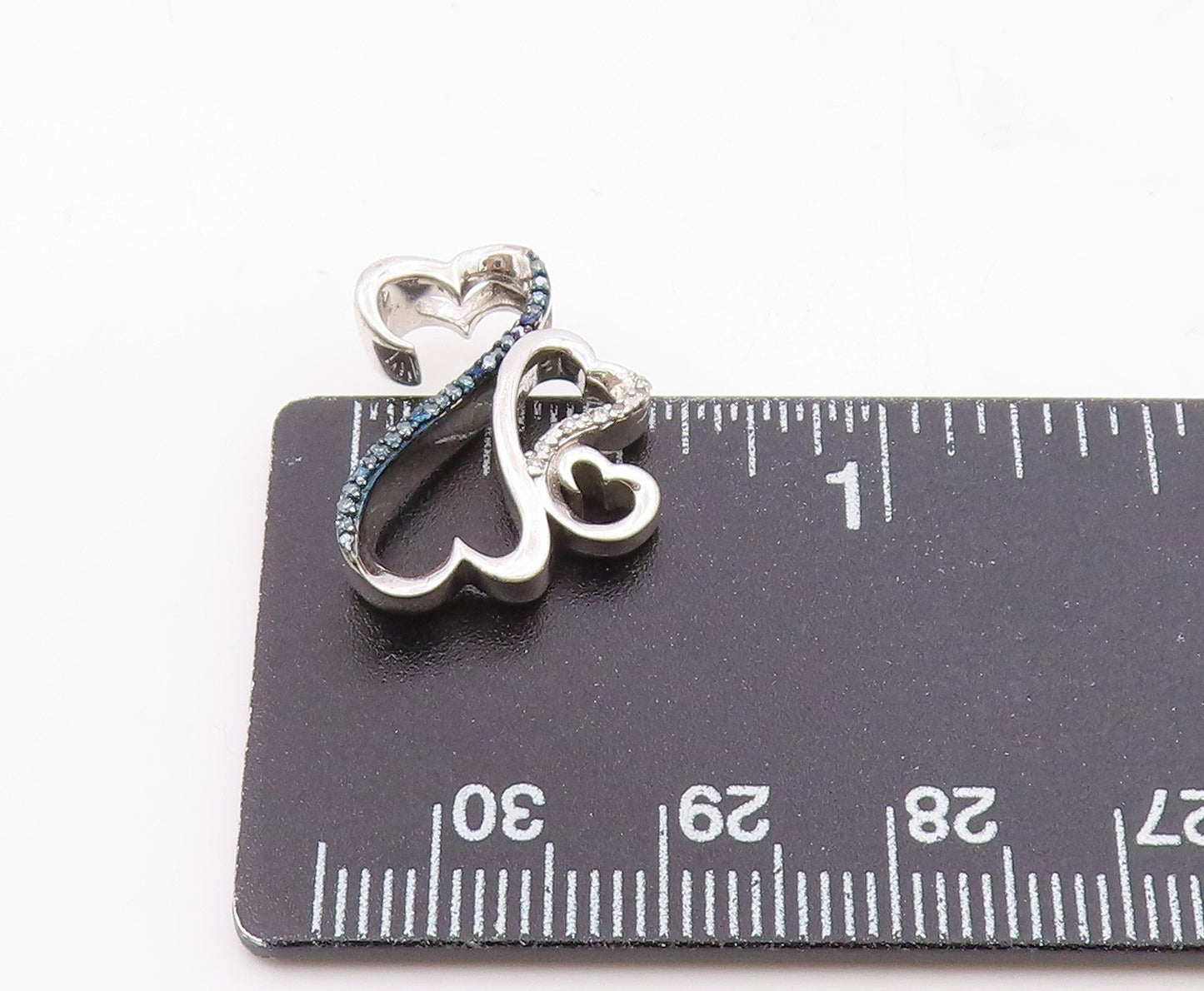 925 Silver  Vintage Genuine Blue & White Diamonds Love Hearts Pendant  PT19813