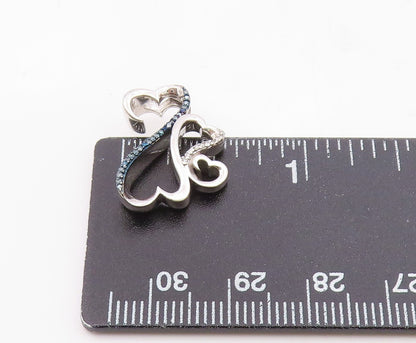 925 Silver  Vintage Genuine Blue & White Diamonds Love Hearts Pendant  PT19813