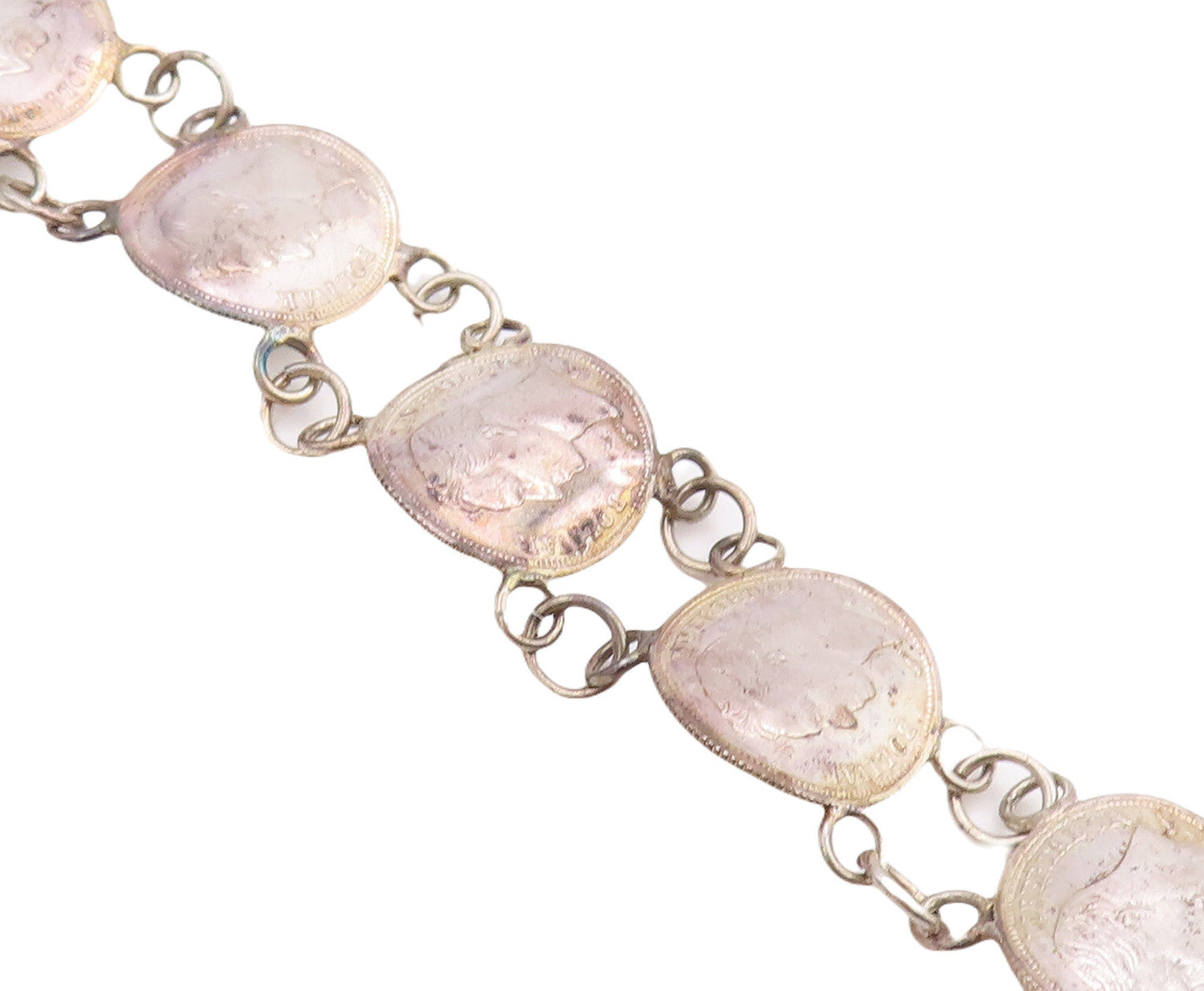 925 Sterling Silver Vintage Bracelet Antique Carved Coin Linked  BT10636