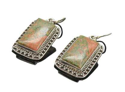 925 Sterling Silver  Vintage Unakite Square Bordered Dangle Earrings  EG3519