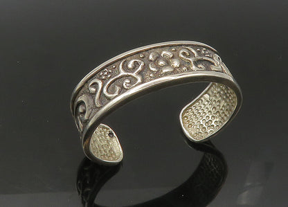 925 Sterling Silver  Vintage Shiny Floral Swirl Pattern Cuff Bracelet  BT8721