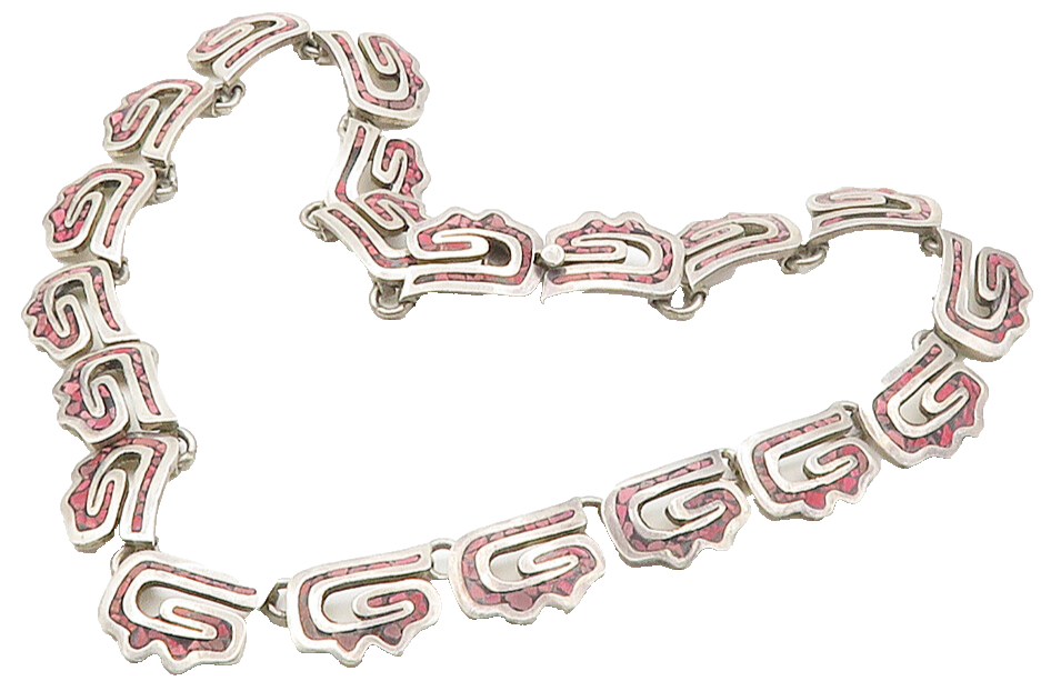 MEXICO 925 Sterling Silver Vintage Inlaid Stone Mosaic Chain Necklace  NE2604