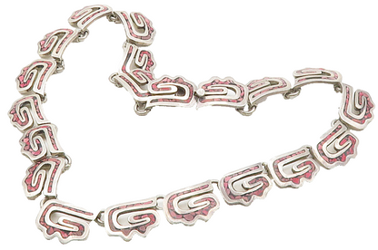 MEXICO 925 Sterling Silver Vintage Inlaid Stone Mosaic Chain Necklace  NE2604