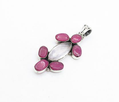 925 Sterling Silver  Vintage Faceted Topaz & Ruby Cluster Drop Pendant  PT4574