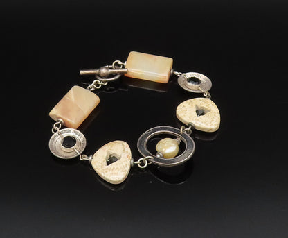 925 Silver  Vintage Mother Of Pearl Black Spinel & Agate Chain Bracelet BT9675