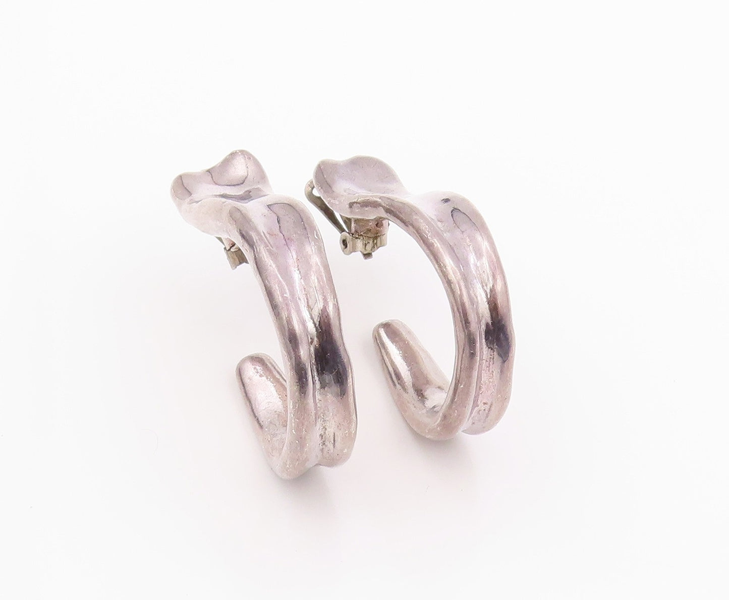 925 Sterling Silver Vintage Earrings BAT AMI Dark Tone Carved Open Hoops EG13474
