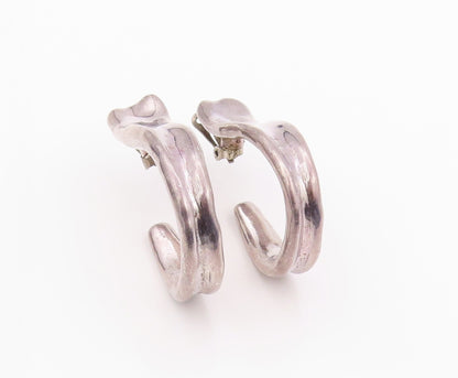 925 Sterling Silver Vintage Earrings BAT AMI Dark Tone Carved Open Hoops EG13474
