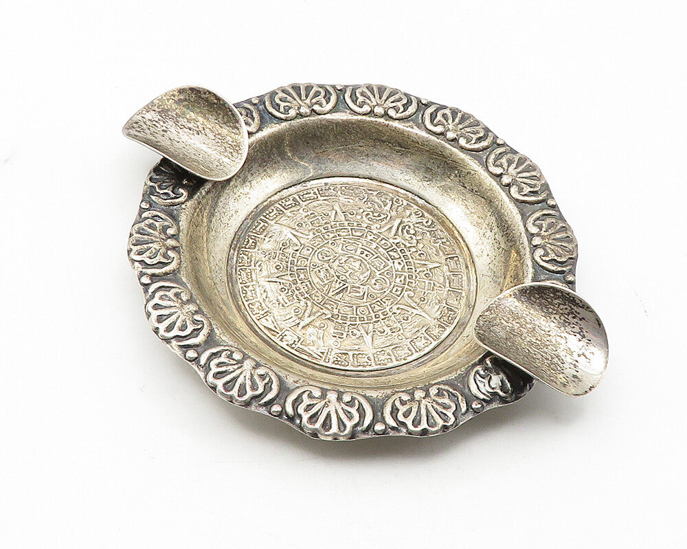 MEXICO 925  Silver  Vintage Dark Tone Mayan Aztec Sun Calendar Ashtray  TR1836