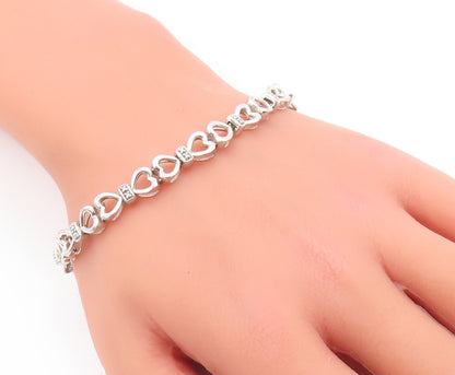 925 Sterling Silver Vintage Bracelet Cutout Real Diamonds Linked Hearts  BT10532