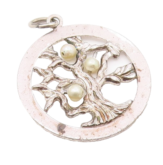 925 Sterling Silver  Vintage Petite Pearls Tree Motif Round Pendant  PT19131
