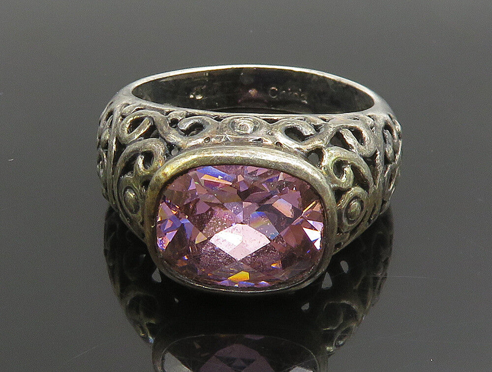 925 Sterling Silver  Vintage Pink Cubic Zirconia Scroll Ring Sz 10  RG24659