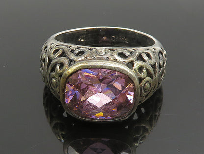 925 Sterling Silver  Vintage Pink Cubic Zirconia Scroll Ring Sz 10  RG24659