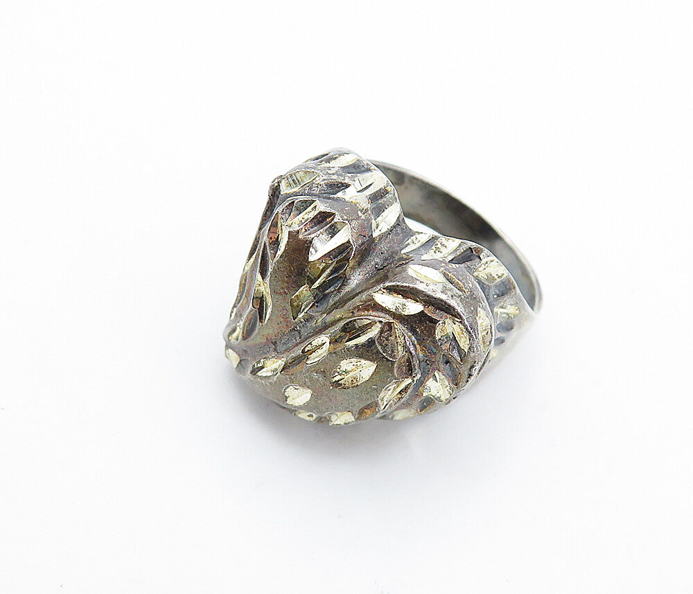 925 Silver  Vintage Diamond Cut Detail Love Heart Cocktail Ring Sz 7.5  RG6446