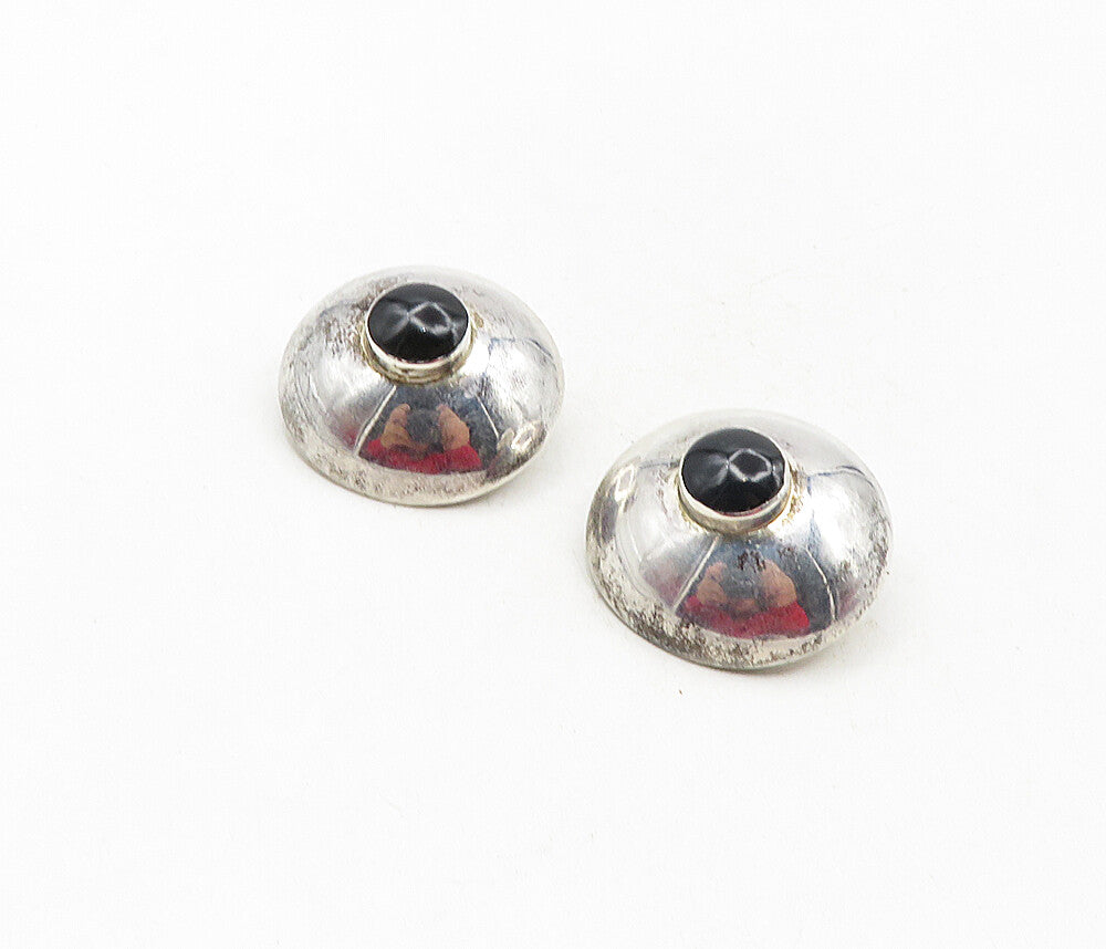 MEXICO 925 Silver  Vintage Black Onyx Shiny Dome Non Pierce Earrings  EG4792
