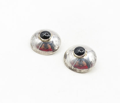 MEXICO 925 Silver  Vintage Black Onyx Shiny Dome Non Pierce Earrings  EG4792