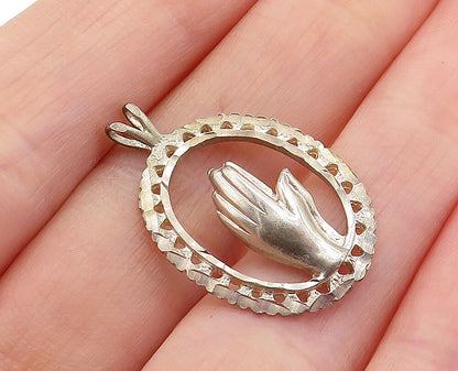 925 Sterling Silver  Vintage Petite Prayer Hands Oval Border Pendant  PT4675