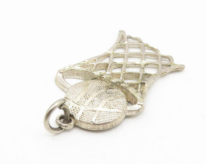 925 Sterling Silver  Vintage Diamond Cut Basketball Hoop Sports Pendant PT8729