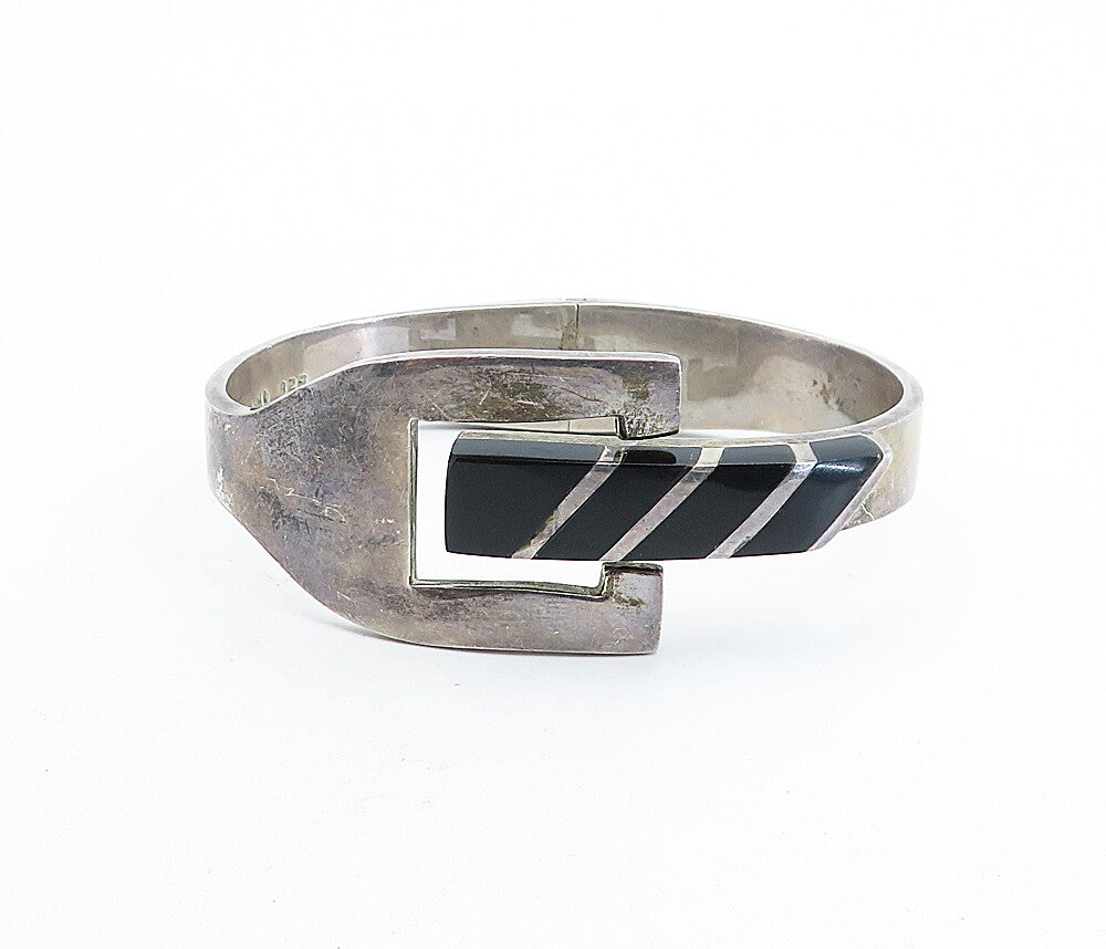 MEXICO 925 Silver  Vintage Inlaid Black Onyx Buckle Bangle Bracelet  BT2022
