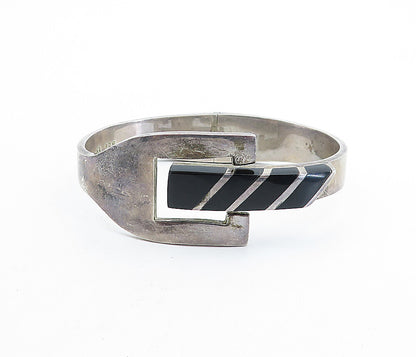 MEXICO 925 Silver  Vintage Inlaid Black Onyx Buckle Bangle Bracelet  BT2022