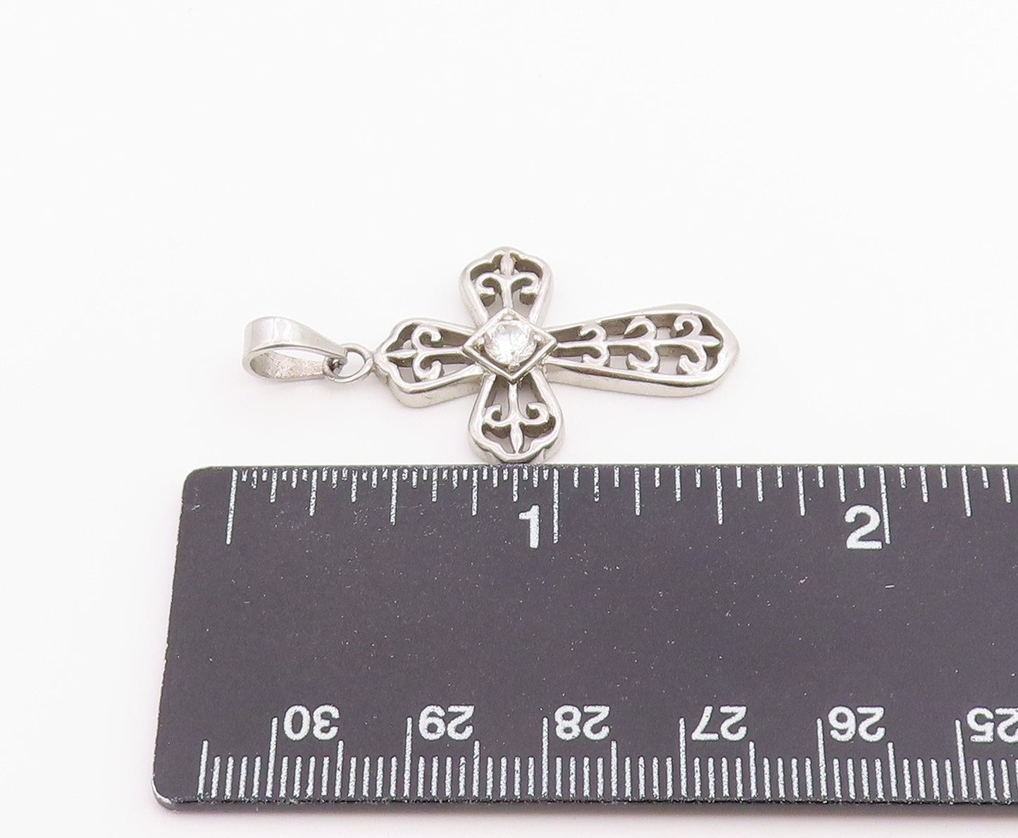 925 Sterling Silver Vintage Pendant Round Cut CZ Religious Cross Charm  PT26528