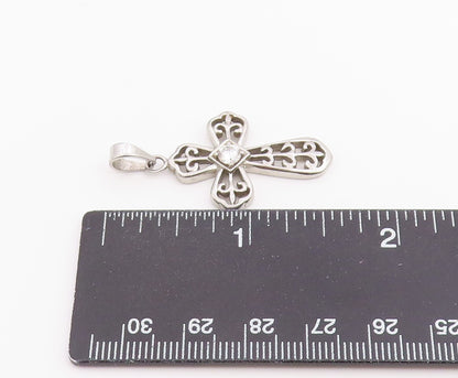 925 Sterling Silver Vintage Pendant Round Cut CZ Religious Cross Charm  PT26528