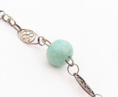 925 Sterling Silver Vintage Necklace Swirly Cutout Gemstone Beads  NE4376