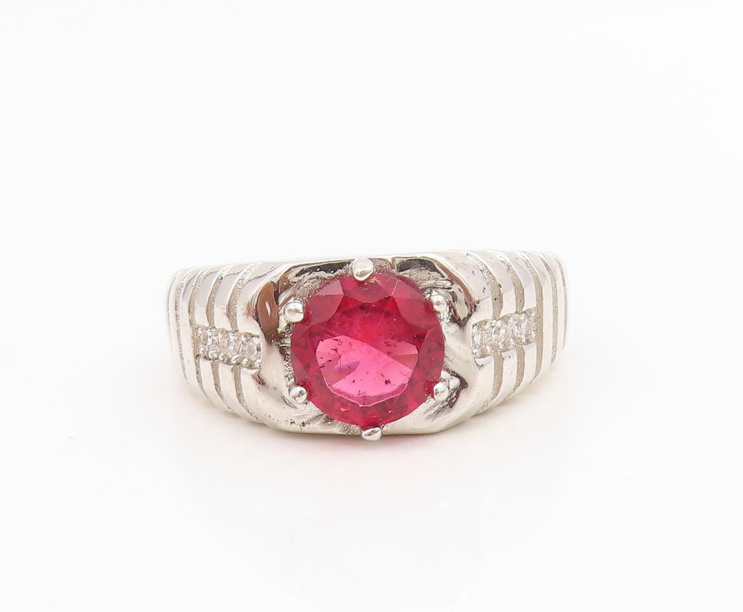 925 Sterling Silver Vintage Ring Ruby & CZ Statement Band  Sz 10.5  RG34892