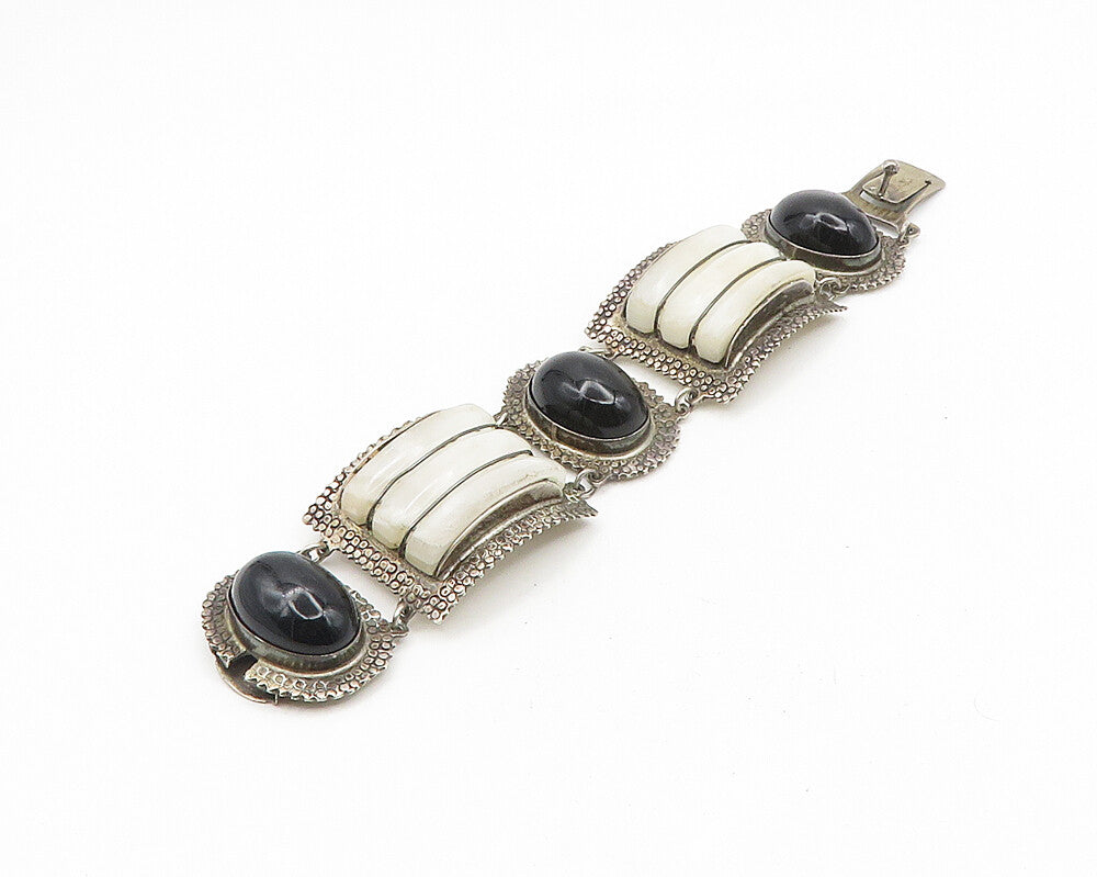 MEXICO 925 Sterling Silver Vintage Antique Multi Gemstone Chain Bracelet  BT7239