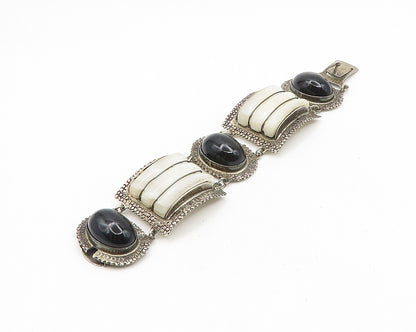 MEXICO 925 Sterling Silver Vintage Antique Multi Gemstone Chain Bracelet  BT7239