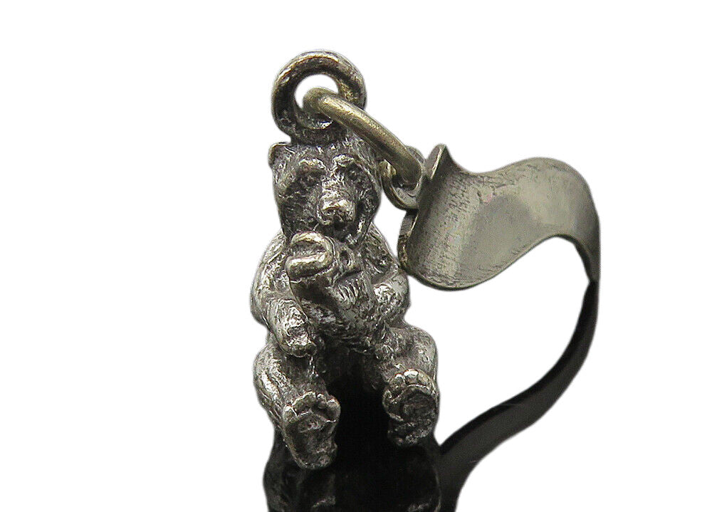 925 Sterling Silver  Vintage Sitting Bear & Fish New York Drop Pendant  PT9374