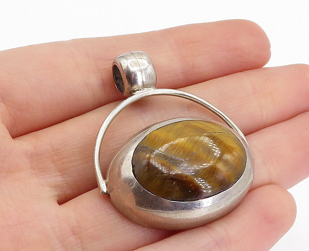 MEXICO 925 Sterling Silver Vintage Tiger's Eye Smooth Oval Pendant PT3468