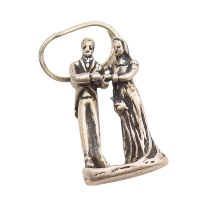 925 Sterling Silver Vintage Pendant 3D Bride & Groom Wedding Day Charm  PT24812