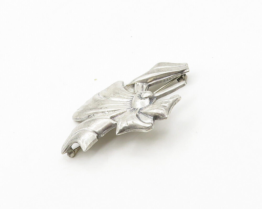 925 Sterling Silver  Vintage Shiny Etched Detail Ribbon Brooch Pin  BP7716