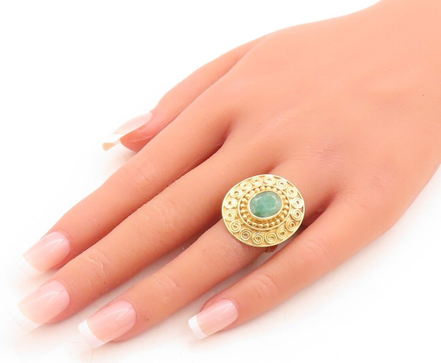 925 Sterling Silver Vintage Ring Gold Plated Oval Green Gemstone  Sz 10  RG30098