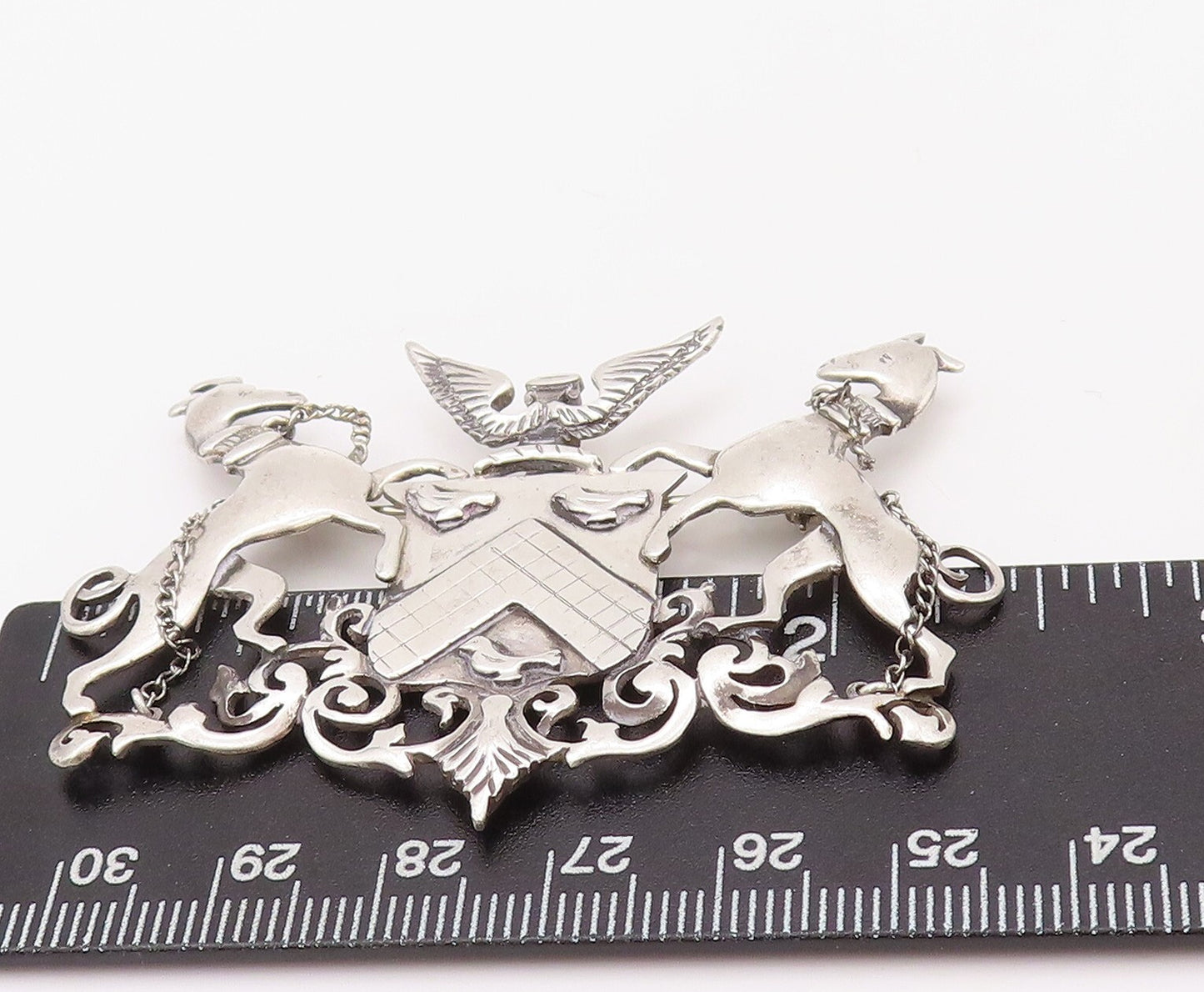 925 Sterling Silver Vintage Brooch Pin Coats Of Arms 2 Dogs Eagle Crest  BP11189