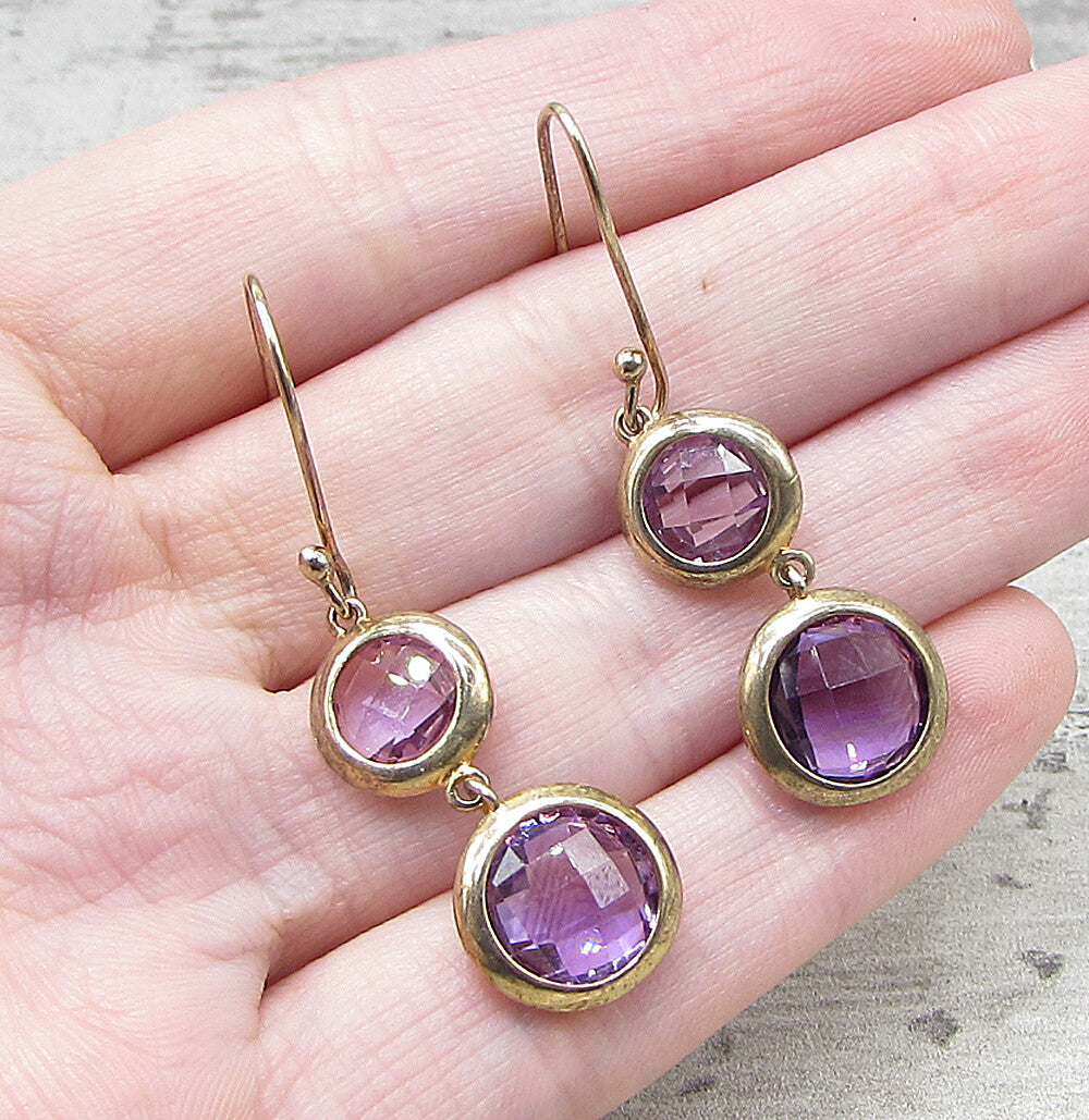 Gold Over 925 Sterling Silver Round Cut Faceted Amethyst Drop Earrings EG1192