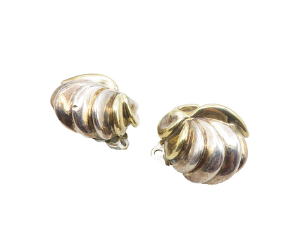 JEM 925 Sterling Silver  Vintage Two Tone Hollow Non Pierce Earrings  EG5239