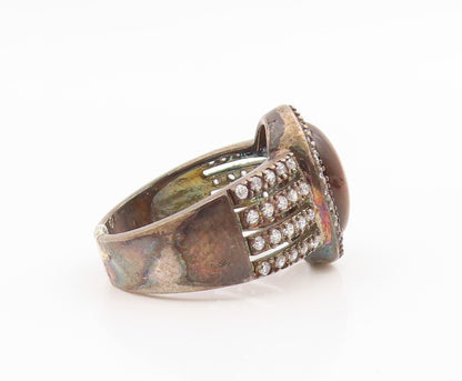 925 Sterling Silver Vintage Ring Classic Tiger's Eye Halo CZ Band  Sz 7  RG35969