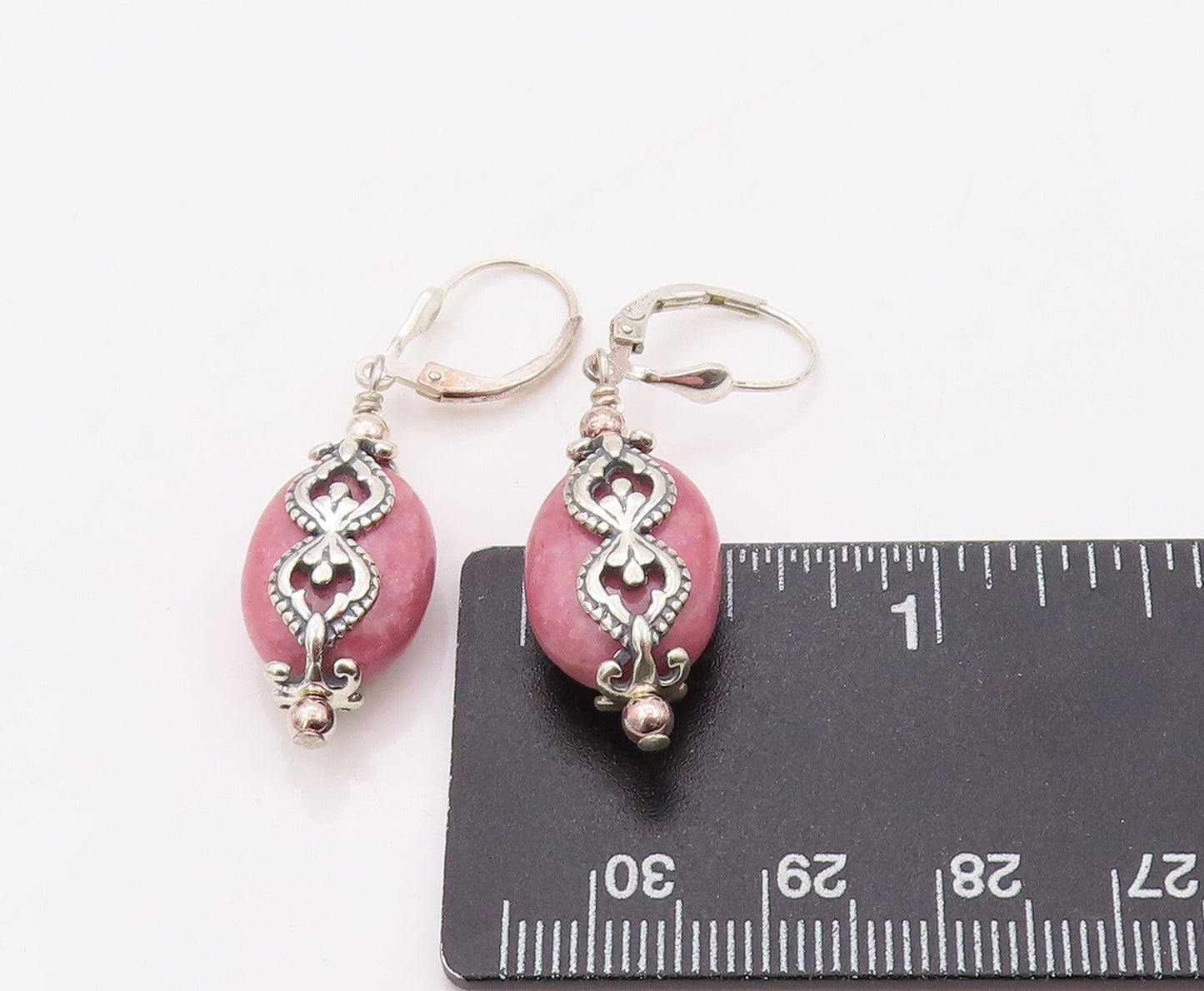 925 Sterling Silver Vintage Earrings Modernist Pink Gemstone Carved  EG13448