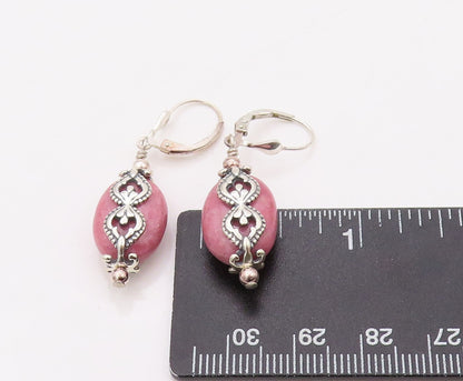 925 Sterling Silver Vintage Earrings Modernist Pink Gemstone Carved  EG13448