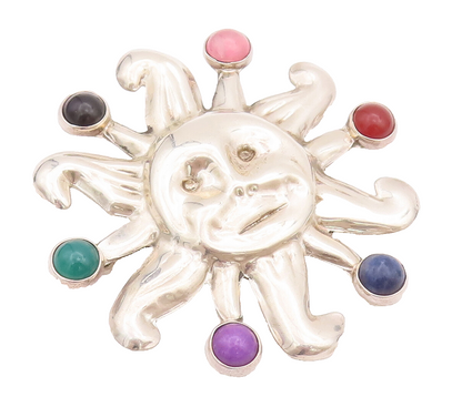 925 Sterling Silver Vintage Brooch Pin MEXICO Multi Gemstone Carved Sun  BP10743