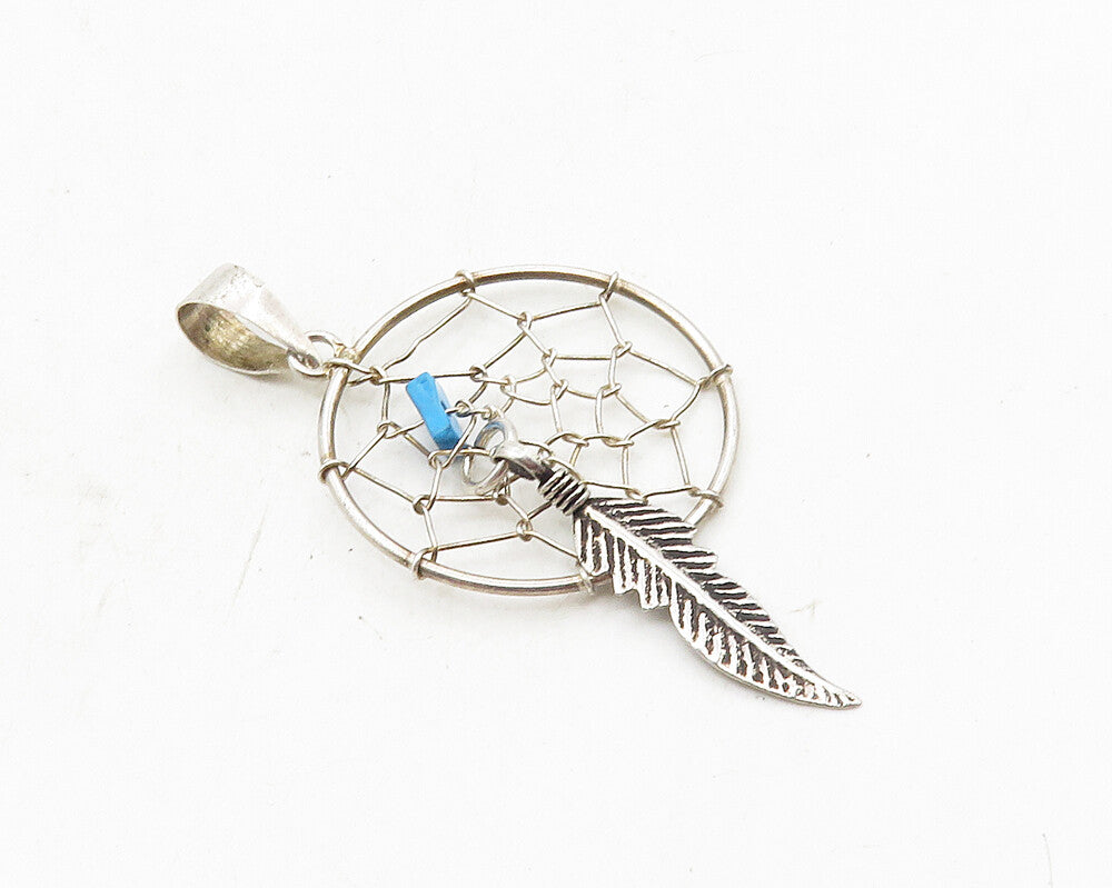 925 Sterling Silver  Vintage Petite Turquoise Dream Catcher Pendant  PT7431