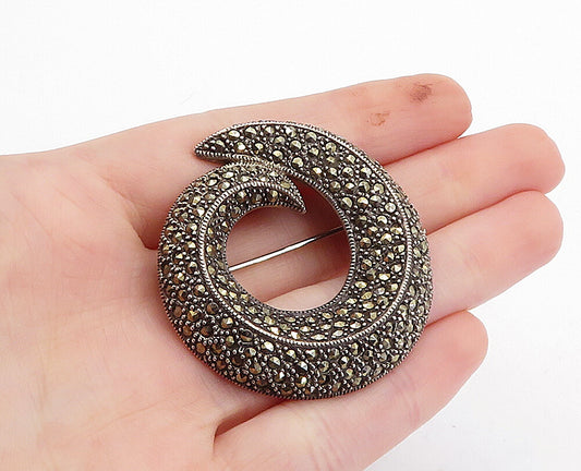 925 Sterling Silver  Vintage Marcasite Decorated Spiral Brooch Pin  BP1296