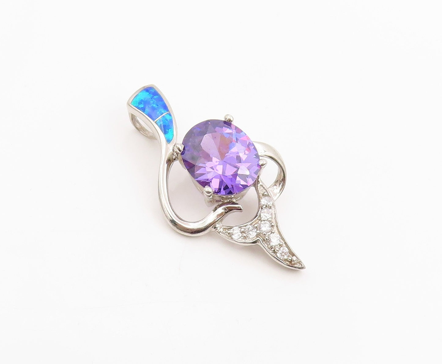 925 Sterling Silver Vintage Pendant Amethyst & Fire Opal Inlay Drop  PT25989